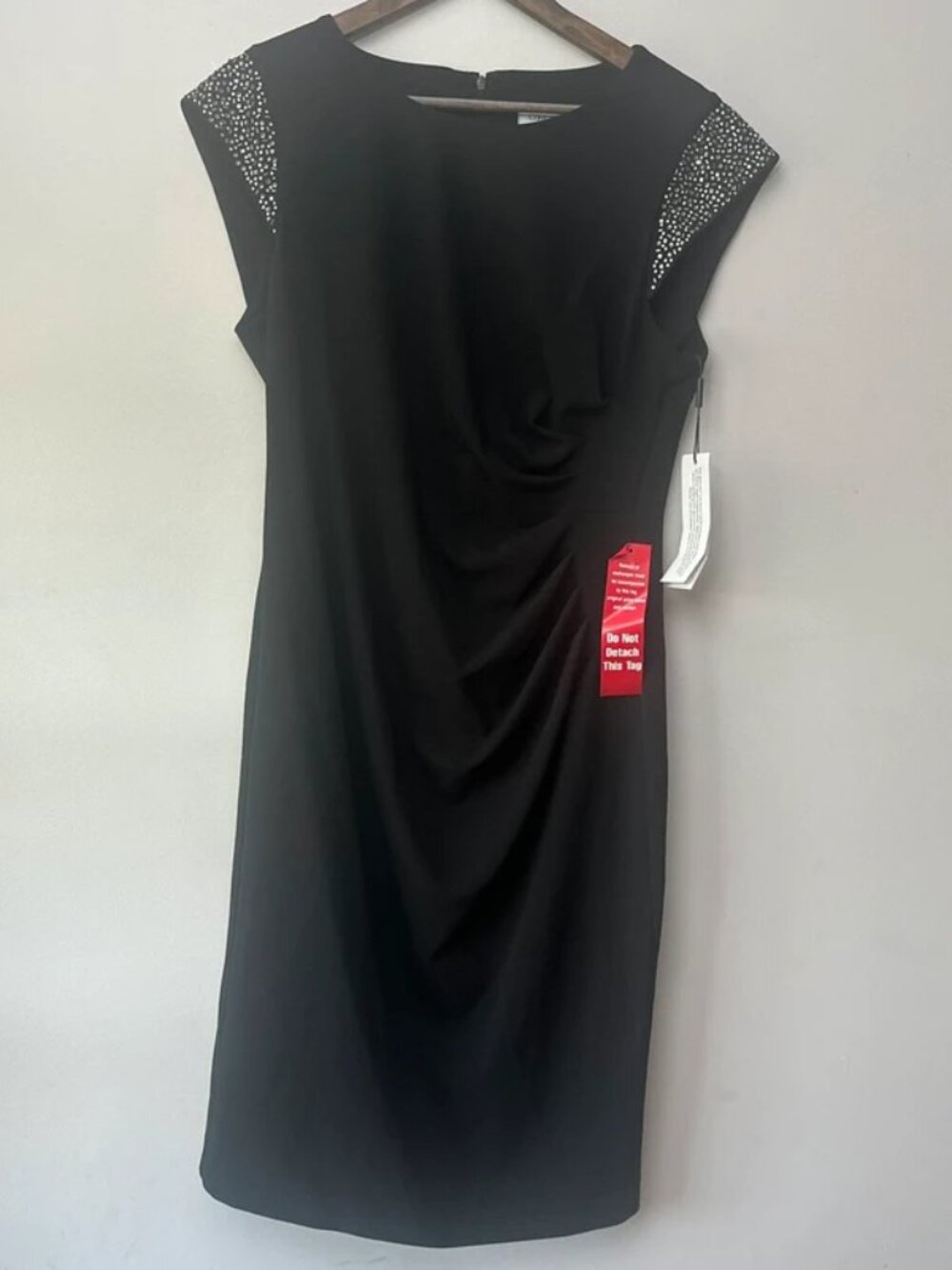 Calvin Klein Women’s Black Ruched Sheath Dress Size 14 Rhinestone Studded NWT